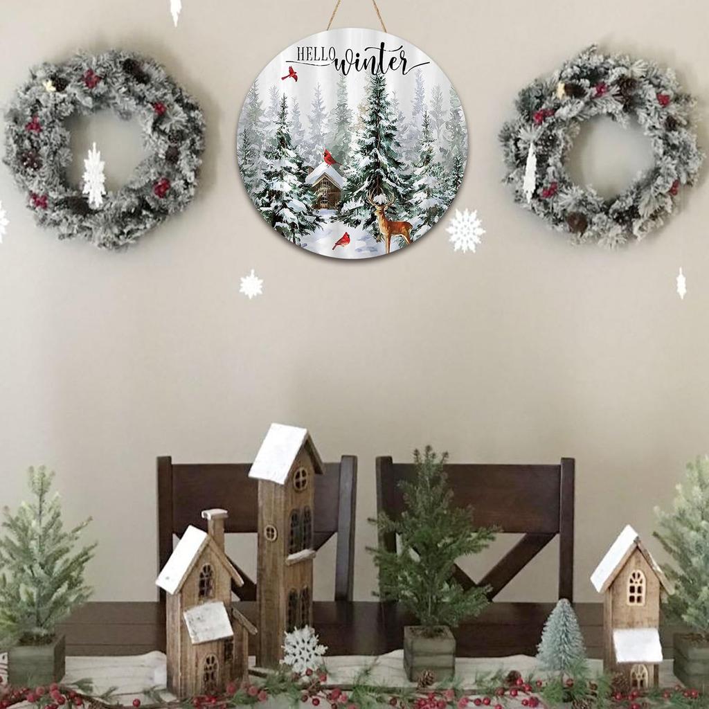 Winter Wreaths for Front Door, Winter Door Decorations Wall Decor, January Wreaths 12 Inch, Hello Winter Door Sign Door Hanger, Rustic Natural