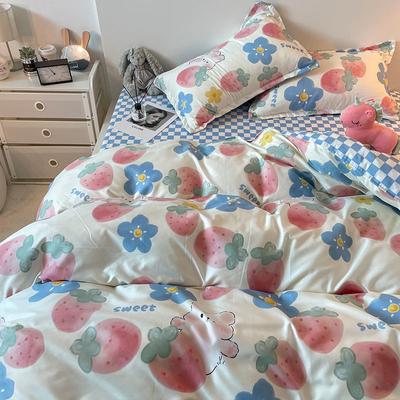 Three-piece Set Korean Girl Heart Cute Rabbit Berry Four-piece Set Simple Checkerboard Bed Sheet Blue Quilt Cover