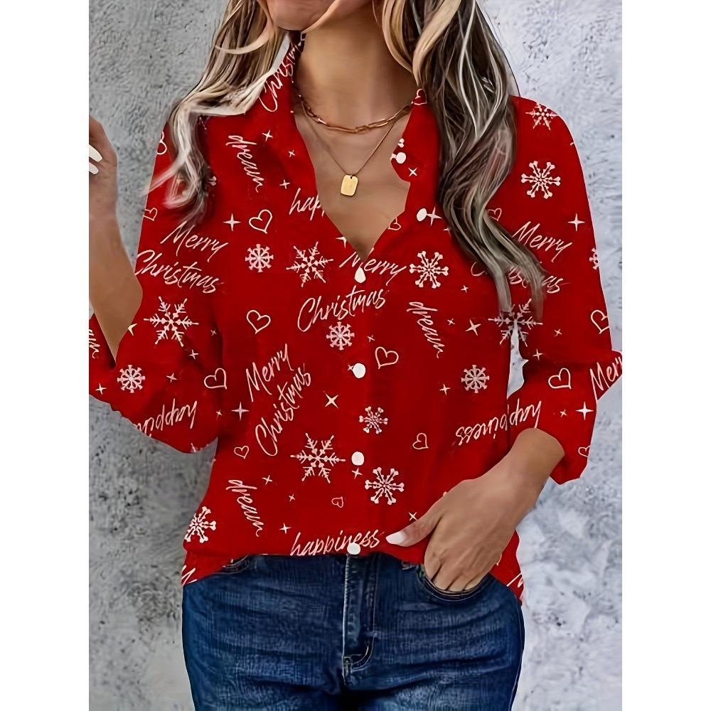 Magliette da donna a maniche lunghe con stampa 3D natalizia Blusa natalizia casual per feste Top con bottoni per donna Abbigliamento da esterno