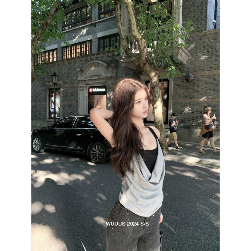 Swing Collar Fake Two Piece Adjustable Halter Top for Hot Girls Sleeveless Top