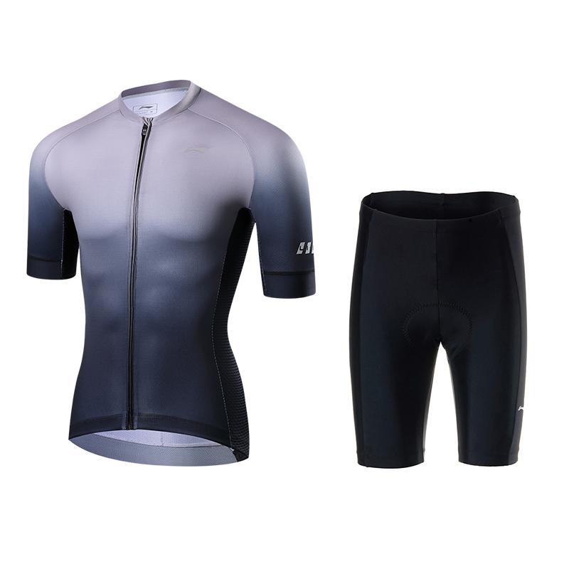 Li Ning Cycling Suits Unisex Clothing Sets Gray Black Gradient Short Sleeved+Black Shorts Crew Neck Thin LCTY057-1+LCUK185-1 M