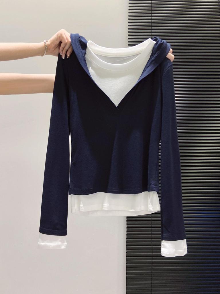 Women's Slimming Hooded Long-Sleeve Two-Piece Faux T-Shirt for Autumn 2025, Base Layer Top
