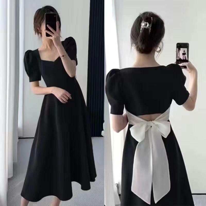 Plus Size Women's Summer Bow Back Dress - Waist-Cinching Slim Puff Sleeves Mid-Length Skirt