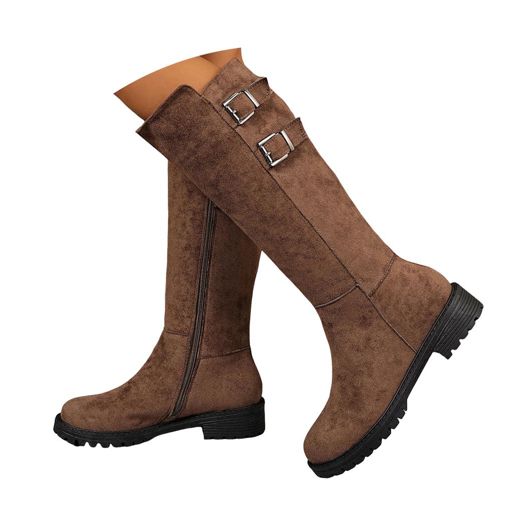 Stivali Lunghi da Donna con Suola Spessa, Punta Tonda, in Pelle Scamosciata, alla Moda e Casual, con Zip Laterale, fino al Ginocchio, Taglia 8