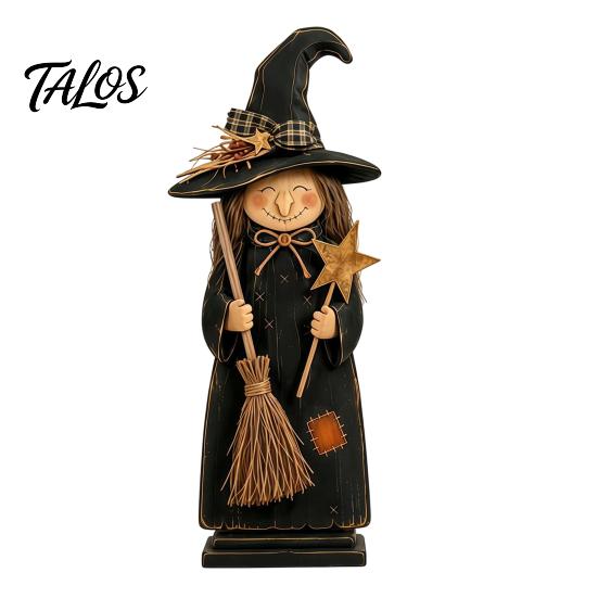 Vintage Style Witch Statue for Shelf Wooden Ornament, Retro Halloween Figurine with Broom/Pumpkin/Black Spooky Party Table Centerpieces Cat, Creative