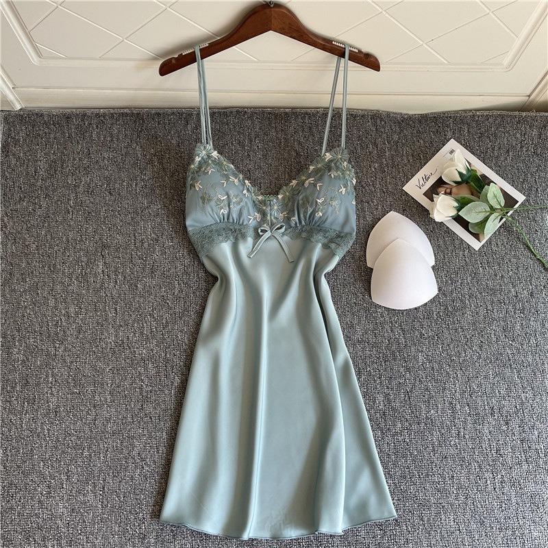 Sexy Pajamas Women's Summer Ice Silk Thin with Chest Pad Lace Suspender Nightdress Two-piece Set Can Be Worn Outside