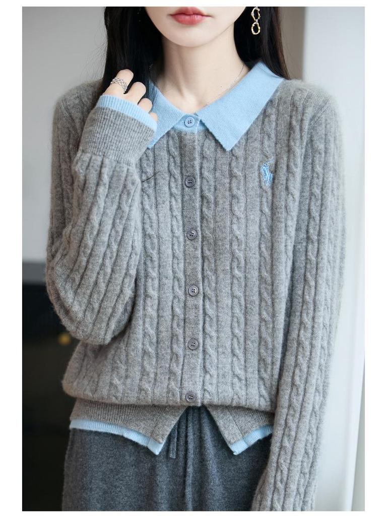 2025 Autumn/Winter Women's Pure Wool Embroidered Cable Knit Cardigan - Turn-Down Collar, Long Sleeve, Button-Up, Loose Fit Outerwear.