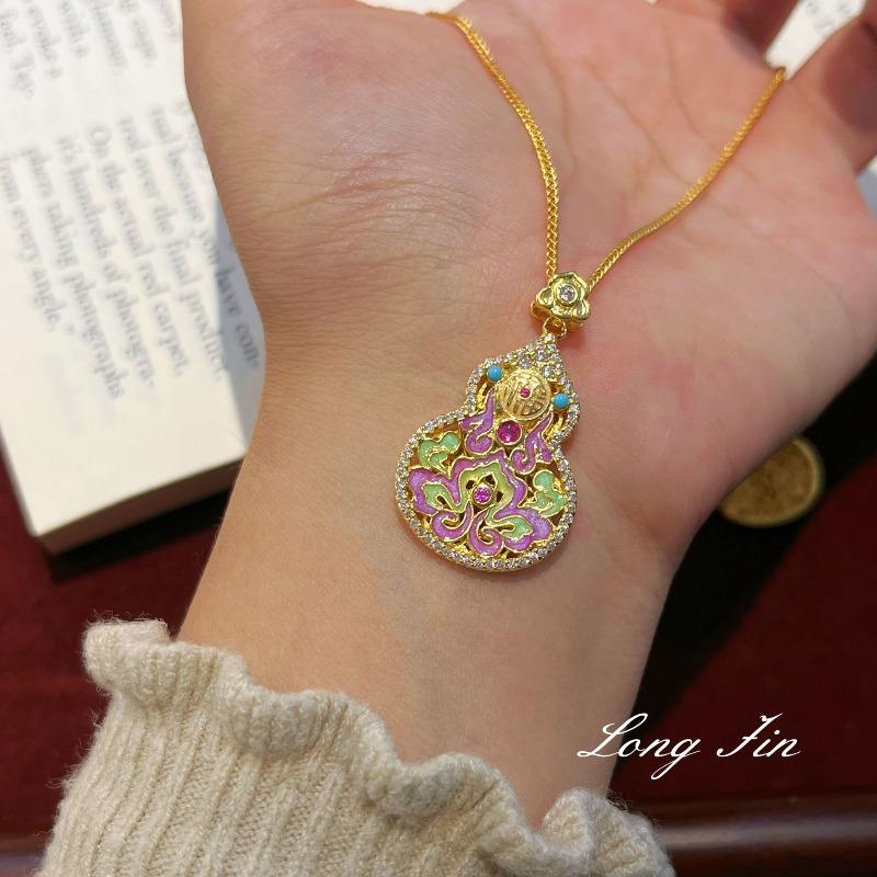 National Style Enamel Craft Gourd Necklace Sweater Chain Painted Niche Design Light Luxury Double-Sided Pendant