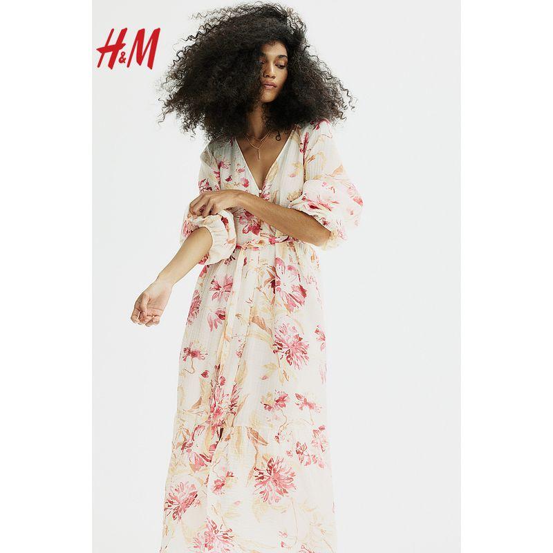 

HM Women s Clothing Dress Summer Waist Belt Crepe Woven V Neck Lantern Long Sleeve Plant Print Dress 1226566 Cream/Florals 170/104A(L)