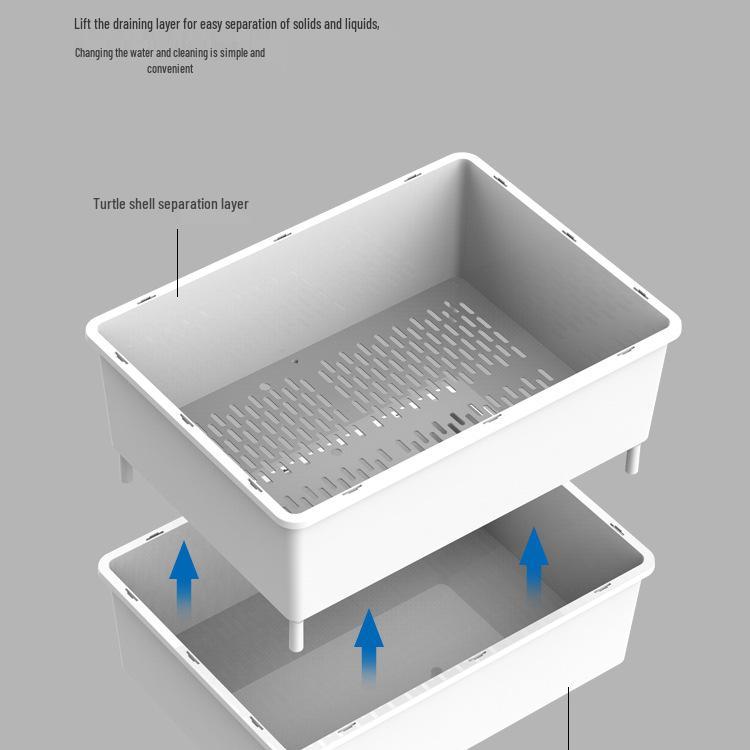 Eco-Friendly Turtle Habitat: Dual-Layer Tank with Waste Separation & Green Plant Landscaping.