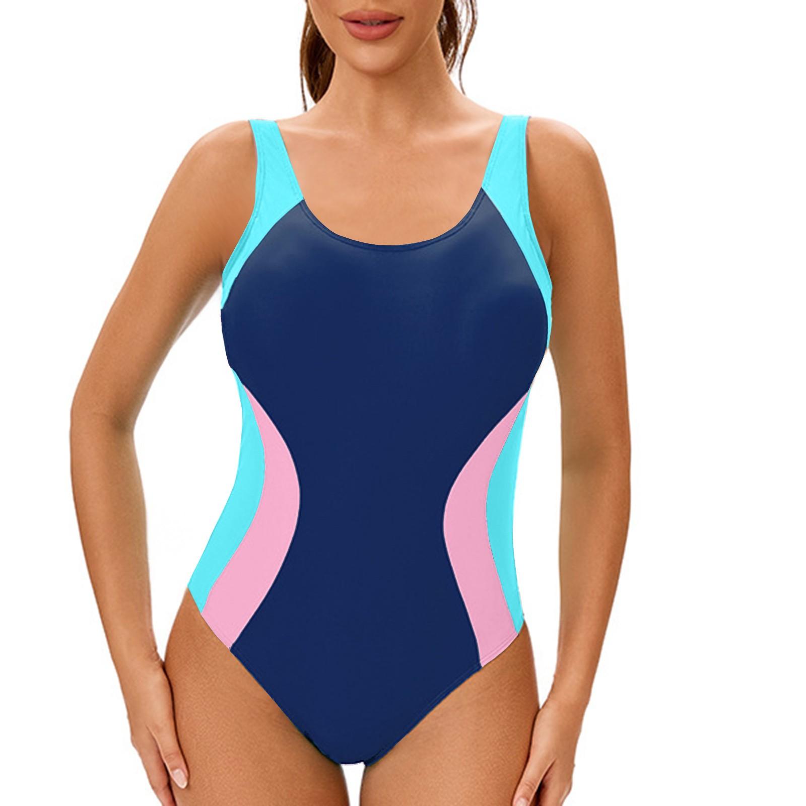 

Женский консервативный цельный купальник без рукавов с открытой спиной, сочетающийся по цвету, с подкладкой для груди XL синий