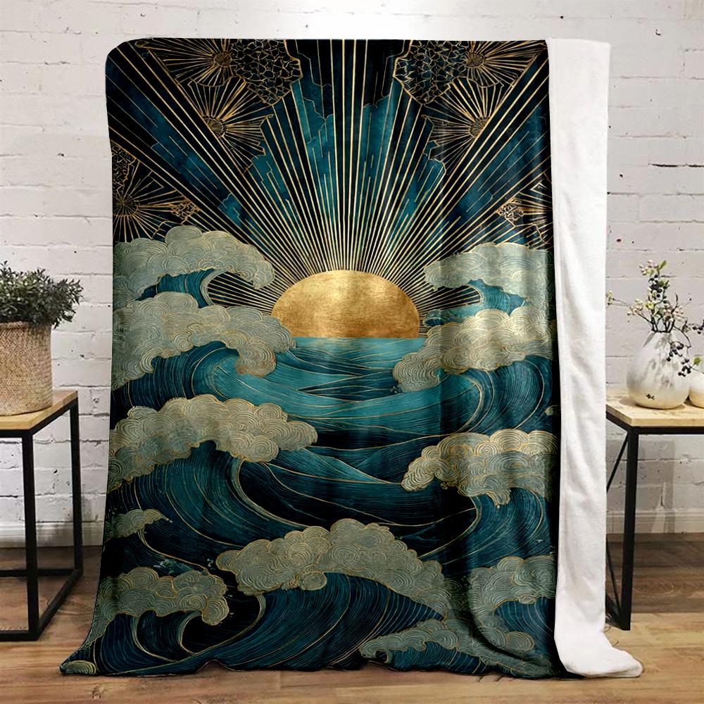 Golden Sun and Ocean Waves Art Design Flannel blanket for bedroom, living room, sofa, and nap sofas.