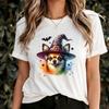 Chihuahua Witch Hat With Flying Bats T-Shirt, Spooky Dog Halloween Graphic Top, Cute Pet Costume Party Trendy Gothic Autumn Fashion Tee