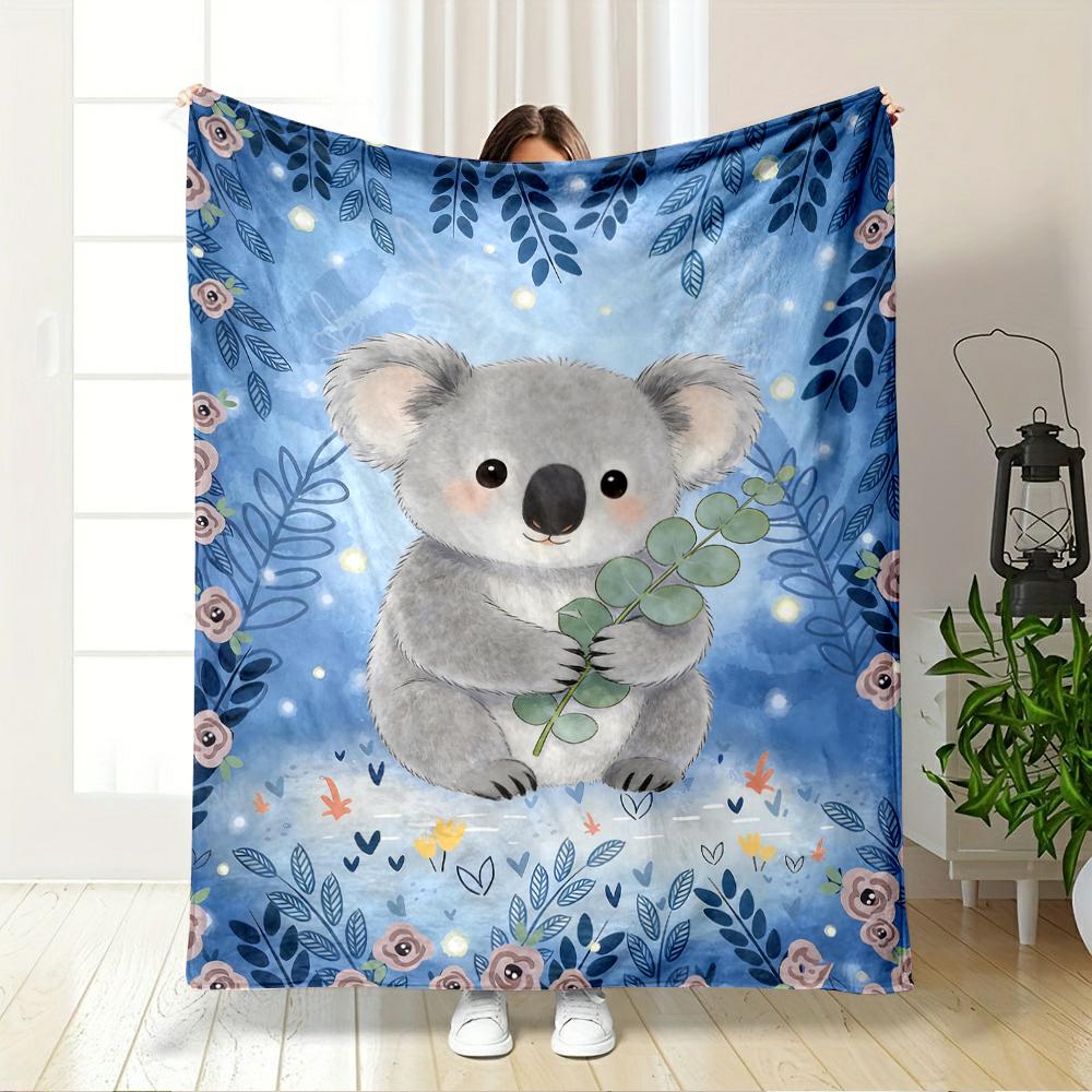 Cute Koala with Leaves on Blue Floral Background, Flannel blanket for bedroom, living room, sofa, and nap sofas.