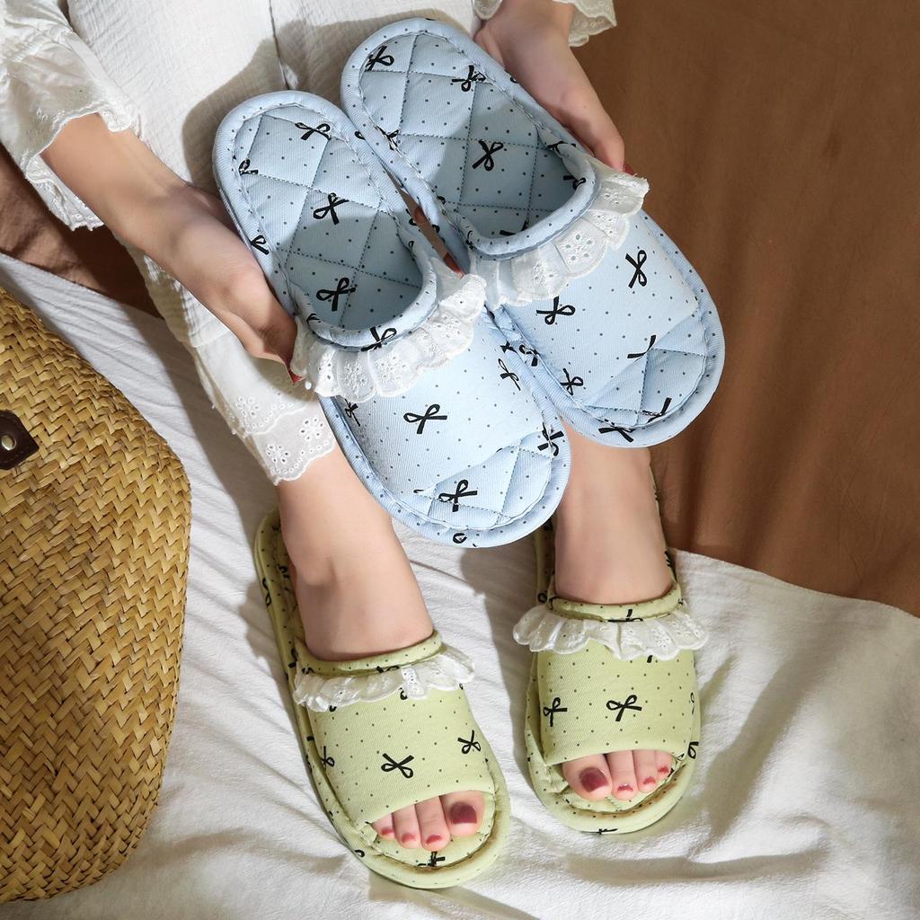 Korean Style Handmade Cotton Bow Soft Sole Indoor Slippers