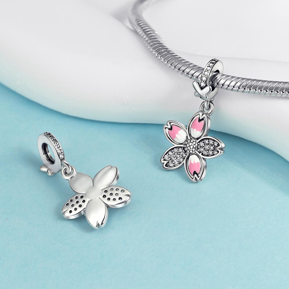 Plata 925 Colgante Amuletos Flor de Cerezo Rosa Esmaltado 3D Decoración Flor Azul Pulsera de Cuentas Joyería Artesanal Detallada Regalo
