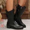 Fashion Sexy Solid Black Pu Mid Calf Riding Boots Women 2025 Winter Medium Heel Side Zip Western Booties Lace Bowknot Decoration Boots