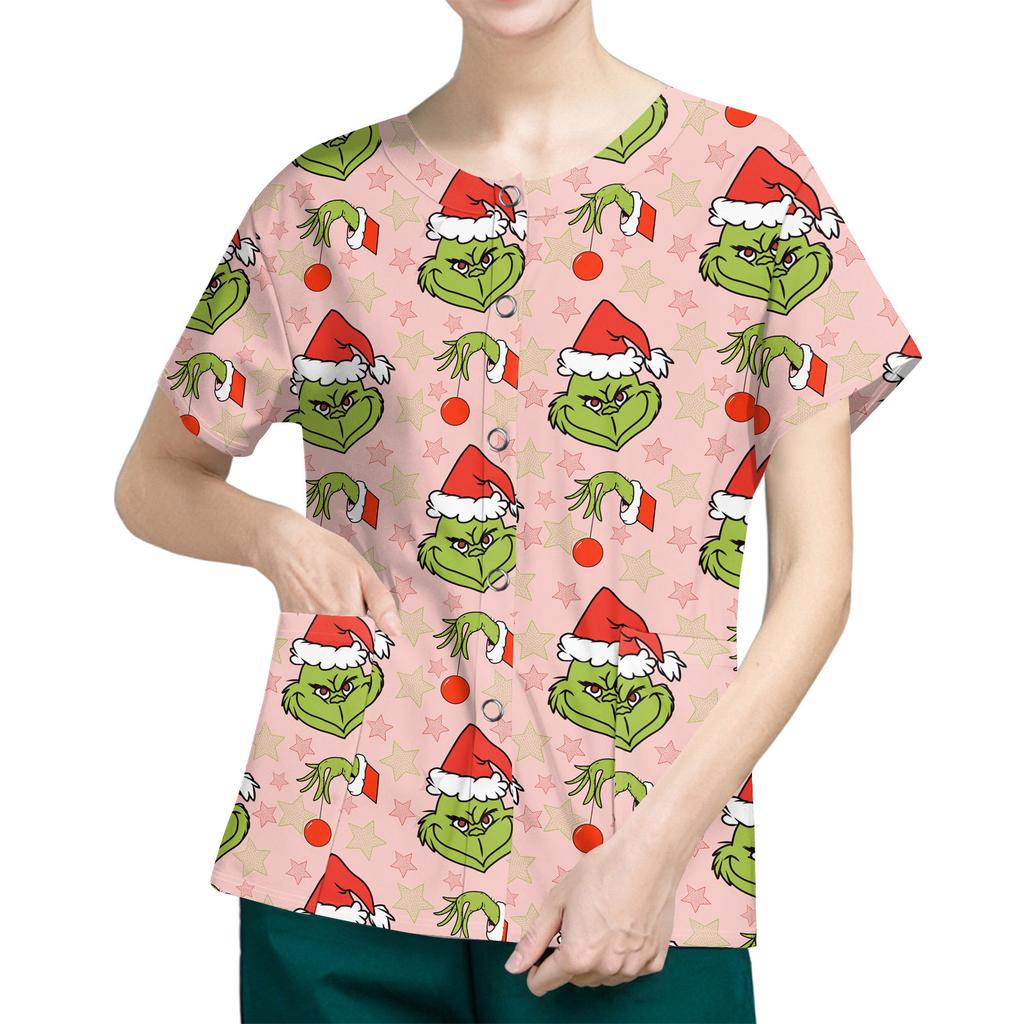 Women's Short Sleeved Patterned Pockets, Work Print Stand Up Collar, Single Breasted Protective Clothing, Cardigan Jacket, Top