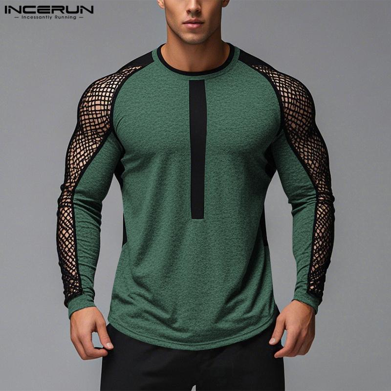 INCERUN Bărbați Gât Rotund Mânecă Lungă Plasă Patchwork Vezi Prin Tricouri Maiouri