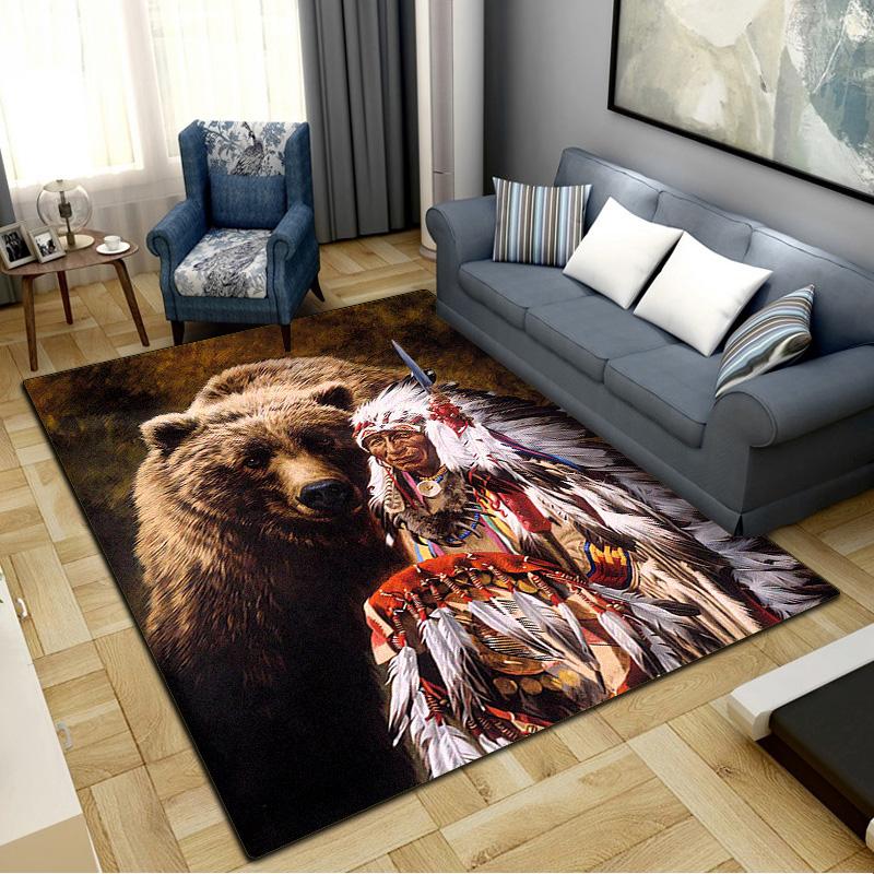 Indian Chief Wolf Bear Carpet Rug for Living Room Bedroom Home Sofa Decoration,Kids Play Non-slip Floor Mat