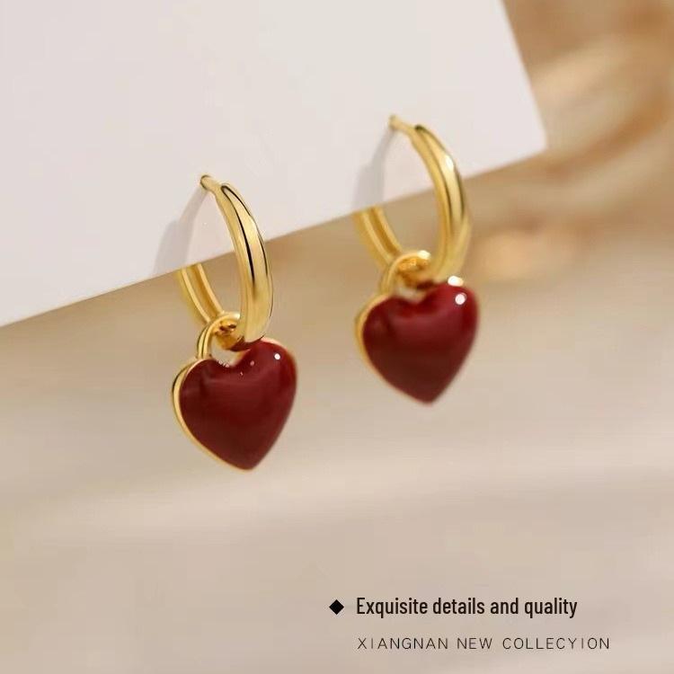 925 Sterling Silver Heart Earrings for Women - Red Zodiac New Year Niche Gift