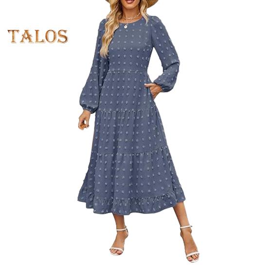 

Платье для женщин осень-зима с длинными рукавами-фонариками, А-силуэтом, круглым вырезом, большим подолом, аппликацией в горошек, плиссированное, однотонное, для свиданий, поездок на работу, миди-платье S синий