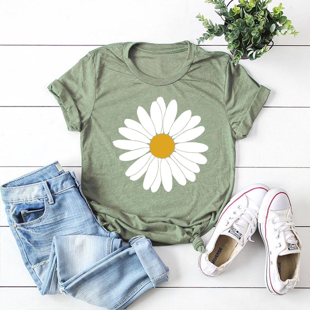Big Sun Flower Cotton T-Shirt Short Sleeve Round Neck Women 2d Print Tops