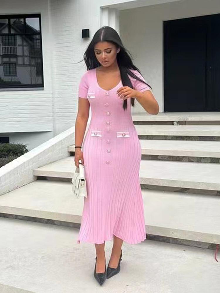 Elegantní jednobarevné pletené dlouhé šaty s výstřihem do V Dámské léto Vintage Knoflíky s krátkým rukávem Štíhlé šaty Módní elegantní elastické kapsy Office Lady