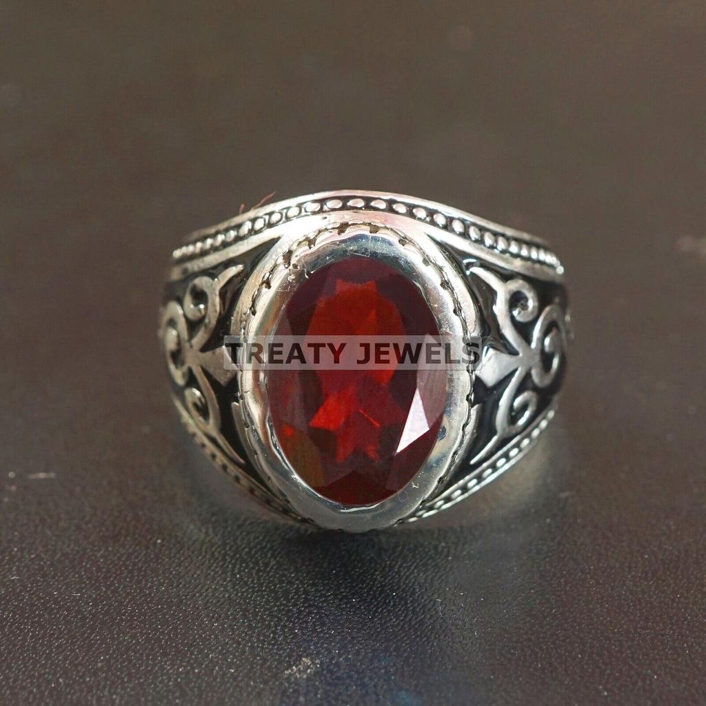 Garnet Oval Cut Gemstone With 925 Sterling Silver Ring For Men's #B88 JL375671415355