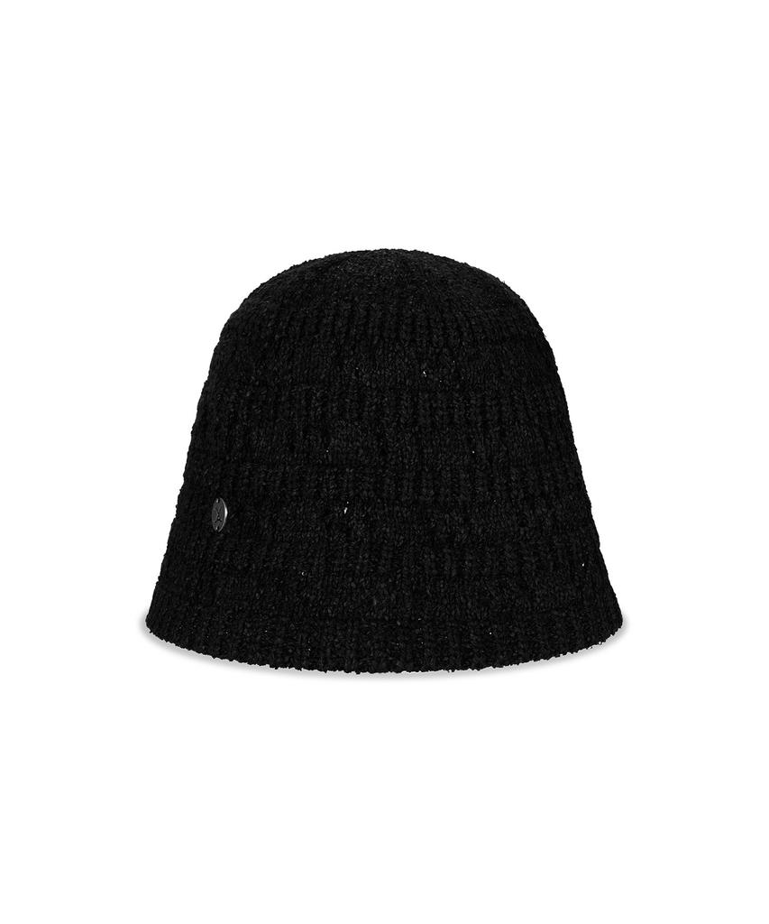 Bajal Va Curved Oval Metal Floral Punched Knit Bucket Hat Black