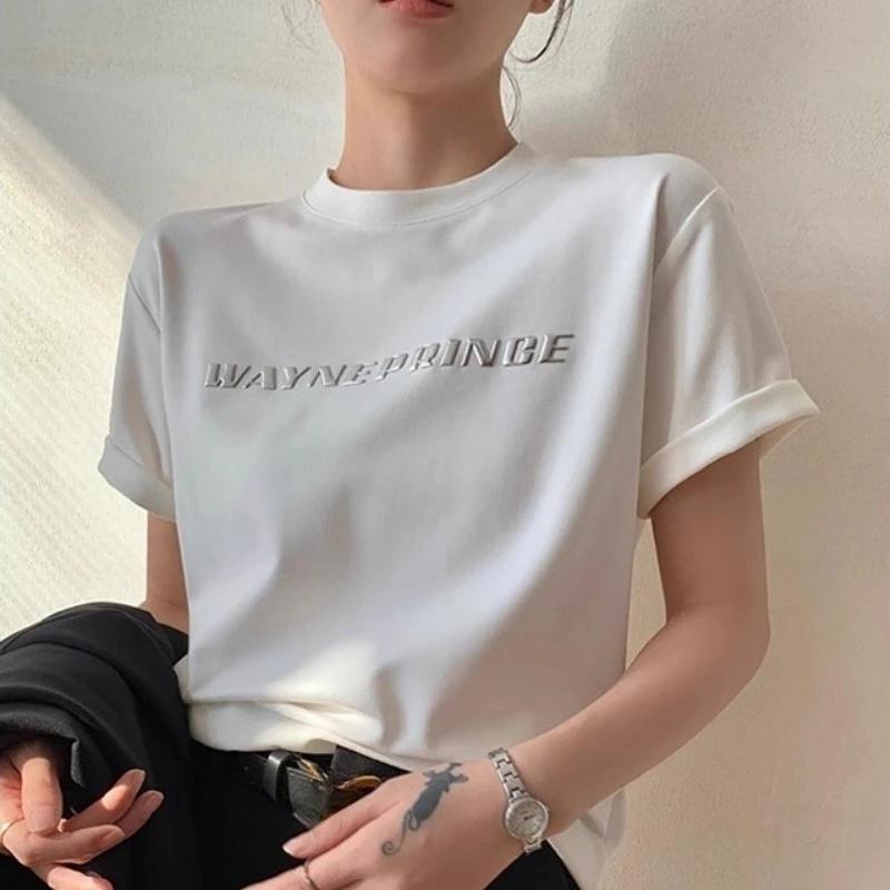 Summer 100% Cotton Women's T-shirts Korean 3D Letter Bottoming Basic Fashionable Women Short Sleeve Loose Y2k Tops White T Shirt