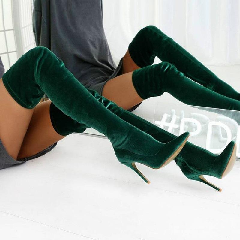 Velvet Over Knee Boots for Women Spring Autumn Pointed Toe Stiletto Heels Elastic Thigh High Plus Size 34-43