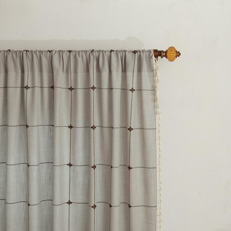 Grey Curtain Finished Product Embroidery Cotton And Linen Solid Color Plaid Coffee Insulation Living Room Kitchen Set Rod Partition Curtain