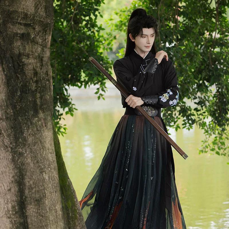 Original Wuxia Schwertkämpfer Hanfu Set für Männer und Frauen, Bestickter Langer Rock Traditionelles Chinesisches Kostüm, Frühling Sommer Tägliches Outfit