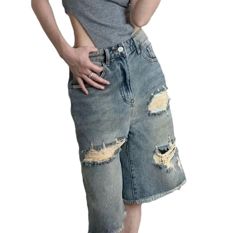 Women's High Waist Denim Shorts - Ripped Raw Edge, Slimming, Mid-Length Straight Leg Jeans Trend