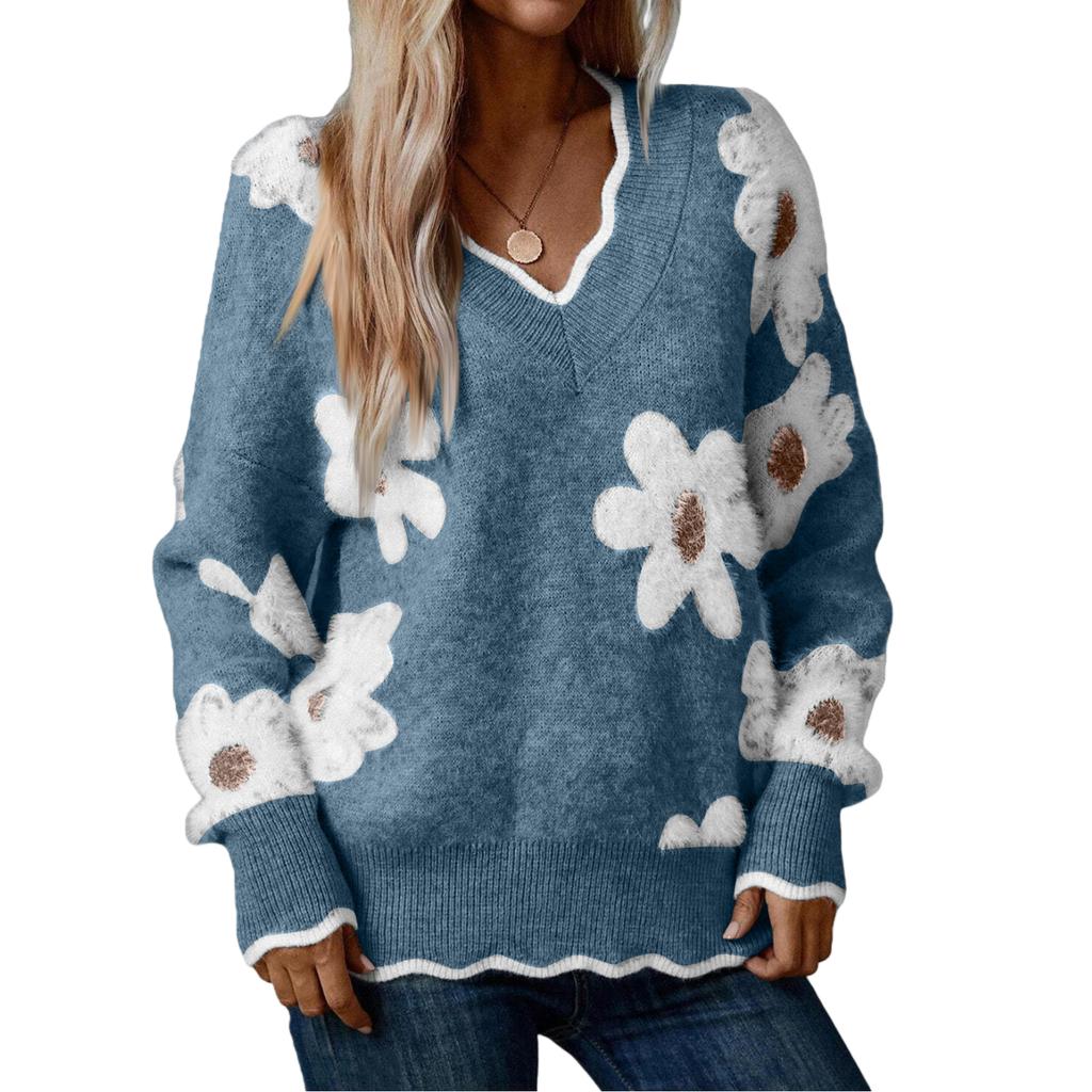 Damenmode Lässig Spitze V-Ausschnitt -Nerz Pullover Langarm Lockerer Pullover