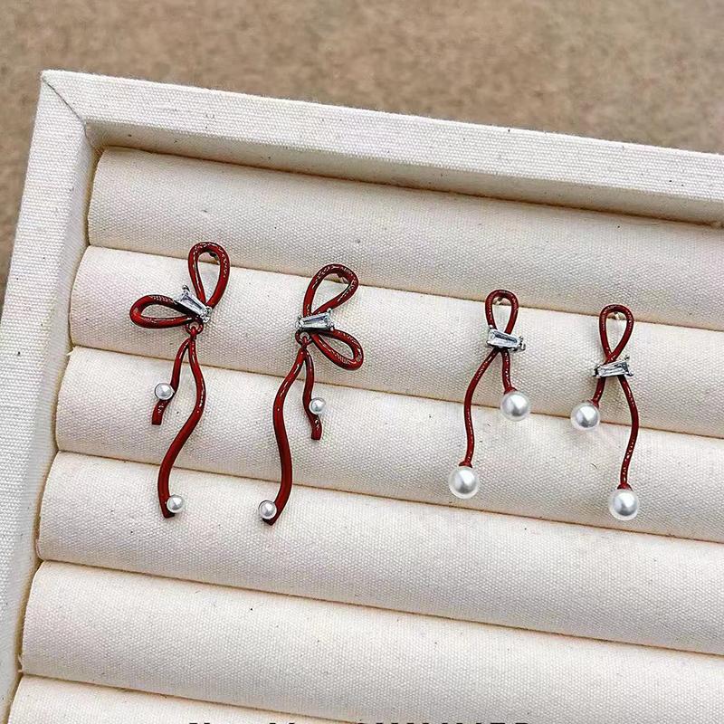 Red Bow Ribbon Zircon Earrings Imitating Pearl Vintage Design Elegant Fashionable Simple Daily Earrings Women's Party Jewelry