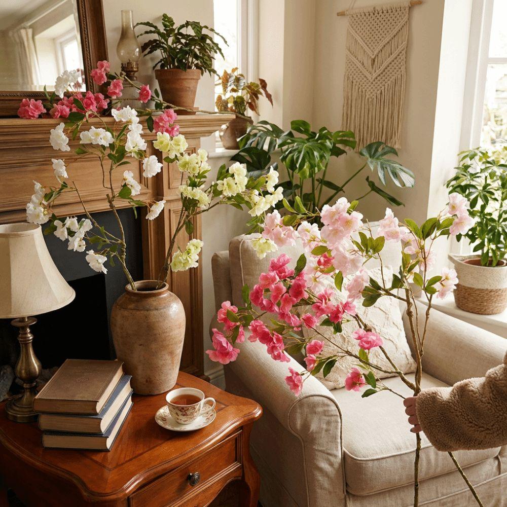 Long Branch Artificial Cherry Blossom Realistic Real Touch Silk Cherry Blossoms Branch Handmade with Leaves Fake Flower