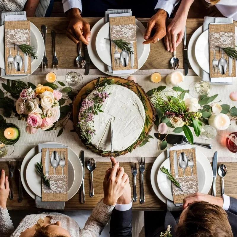 Natural Burlap Lace Utensil Holders Linen Cutlery Holder Covers Knife Fork Pockets Bags Christmas New Year Dinner Table Decor