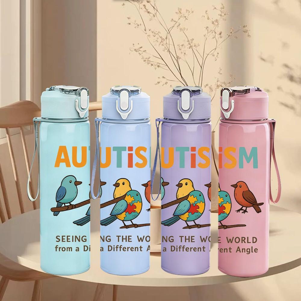 1PC Autism Colorful Bird Floral 750ml Color Plastic Sports Water Bottle Leakproof Flip Straw Lid Suitable for Sports Office Home Use