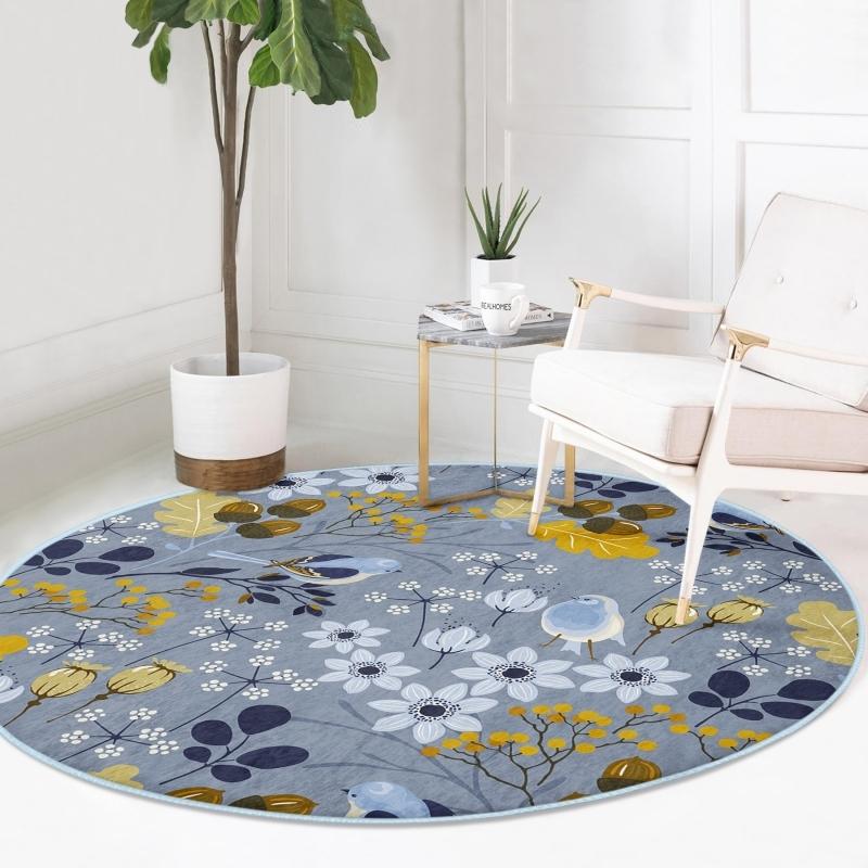 

Современный темно-синий балконный круглый ковер с цифровой печатью и моющейся нескользящей основой с цветочным узором на красочном полу
