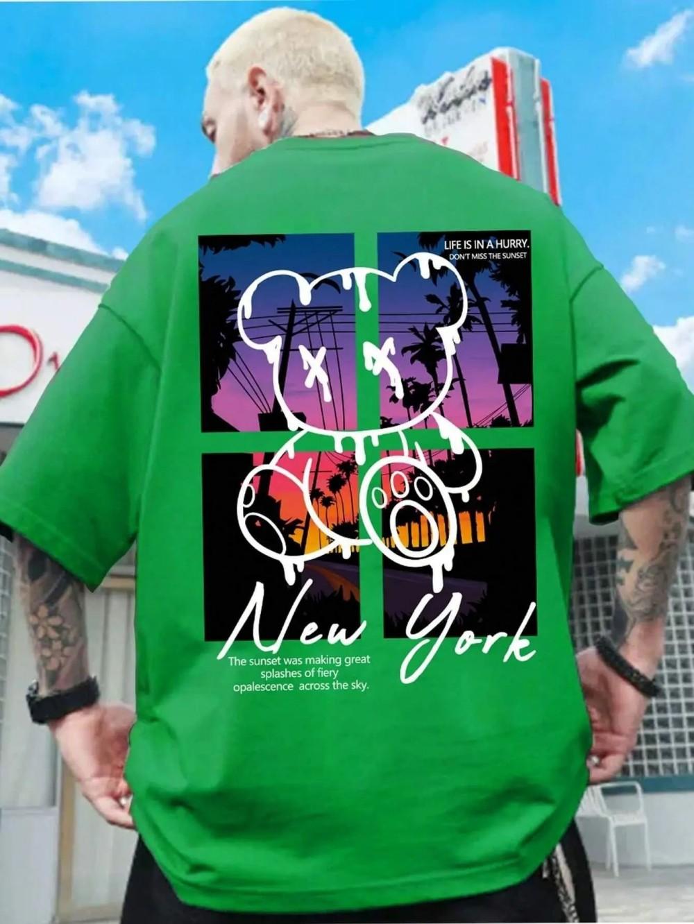 

Summer New York Art Cartoon Bear Sunset Landscape Design T-shirt Men s Fashion Shirt Loose Summer T-shirt Breathable T-shirt 4XL