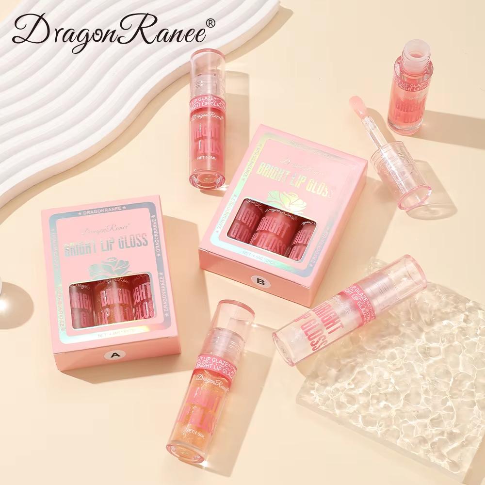 Dragon Ranee 3-Piece Pearl Shimmer Lip Gloss Set with Large Brush Applicator Glossy Mirror Finish Lip Gloss