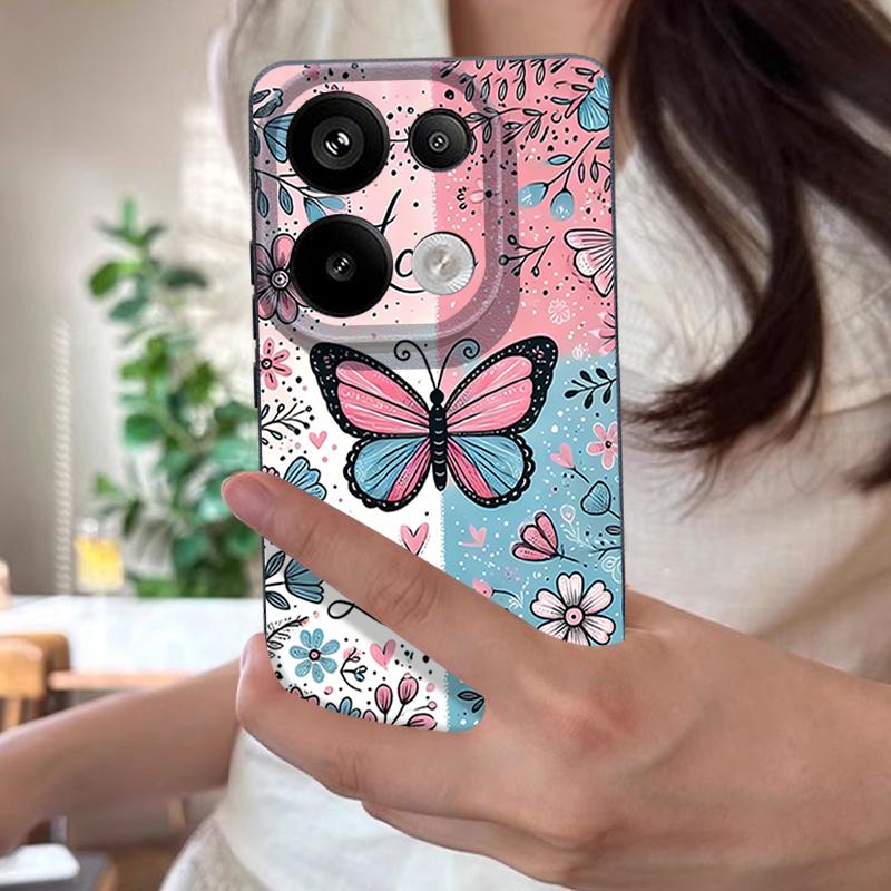 Blue Pink Butterfly Floral Pattern Case For Xiaomi 14T 13T 11T Pro Funda Redmi Note 14 13 12 11 Pro 5G 4G Leather Texture Silicone Cover