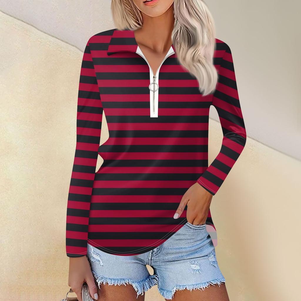 Camisa feminina casual com estampa de zíper e decote em V, manga comprida, primavera e moda