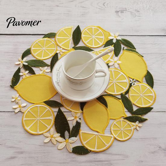 Tabletop Scratch Protector Pads Lemon Lace Placemat, Clear Embroidery Style Table Mat with Citrus Fruit Decorative Dining Placemats Leaf Design,