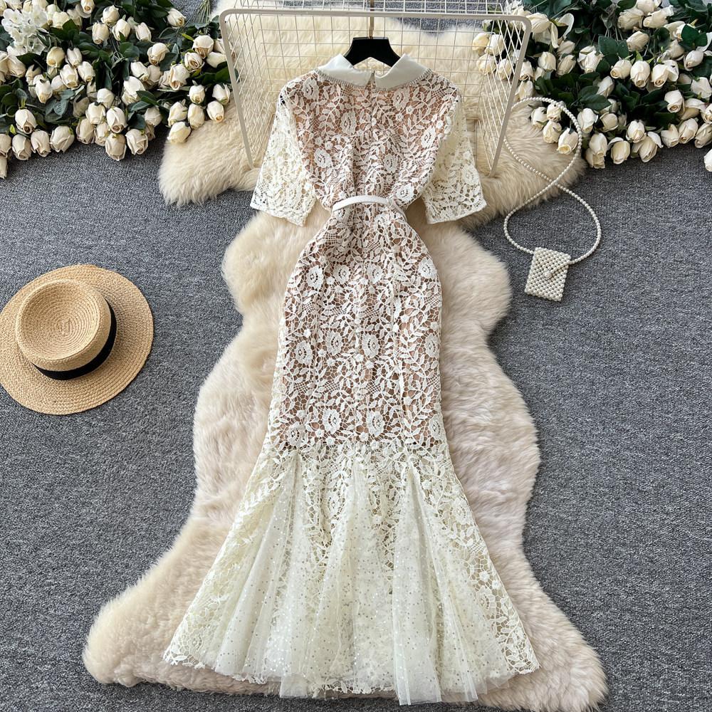 Elegant Temperament Lace Lapel Dress Women's Summer Waist Thin Fishtail Skirt Big Swing Commuting Apricot Short-sleeved Skirt