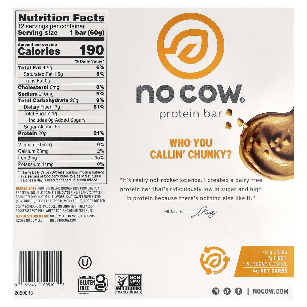 No Cow, Protein Bar, Chunky Peanut Butter, 12 Bars, 60g (2.12oz) Each