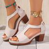 Fashion Vintage Solid Slip On Cover Heel Gladiator Sandals Women 2025 Summer Round Toe High Heels Sandals Classic Beach Shoes Plus Size