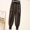 Women Casual Pants Large Size Warm Bundle Feet Pocket Elastic Waist Korean Style Chic Simple Harem Pants